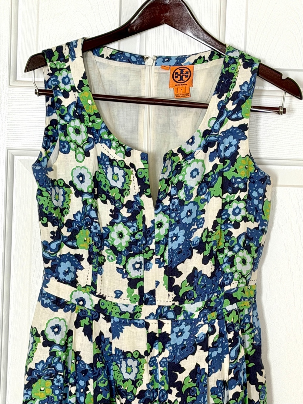 Tory Burch Size 4 Linen Floral Fit & Flare Pleated Dress Blue Green - Picture 9 of 10
